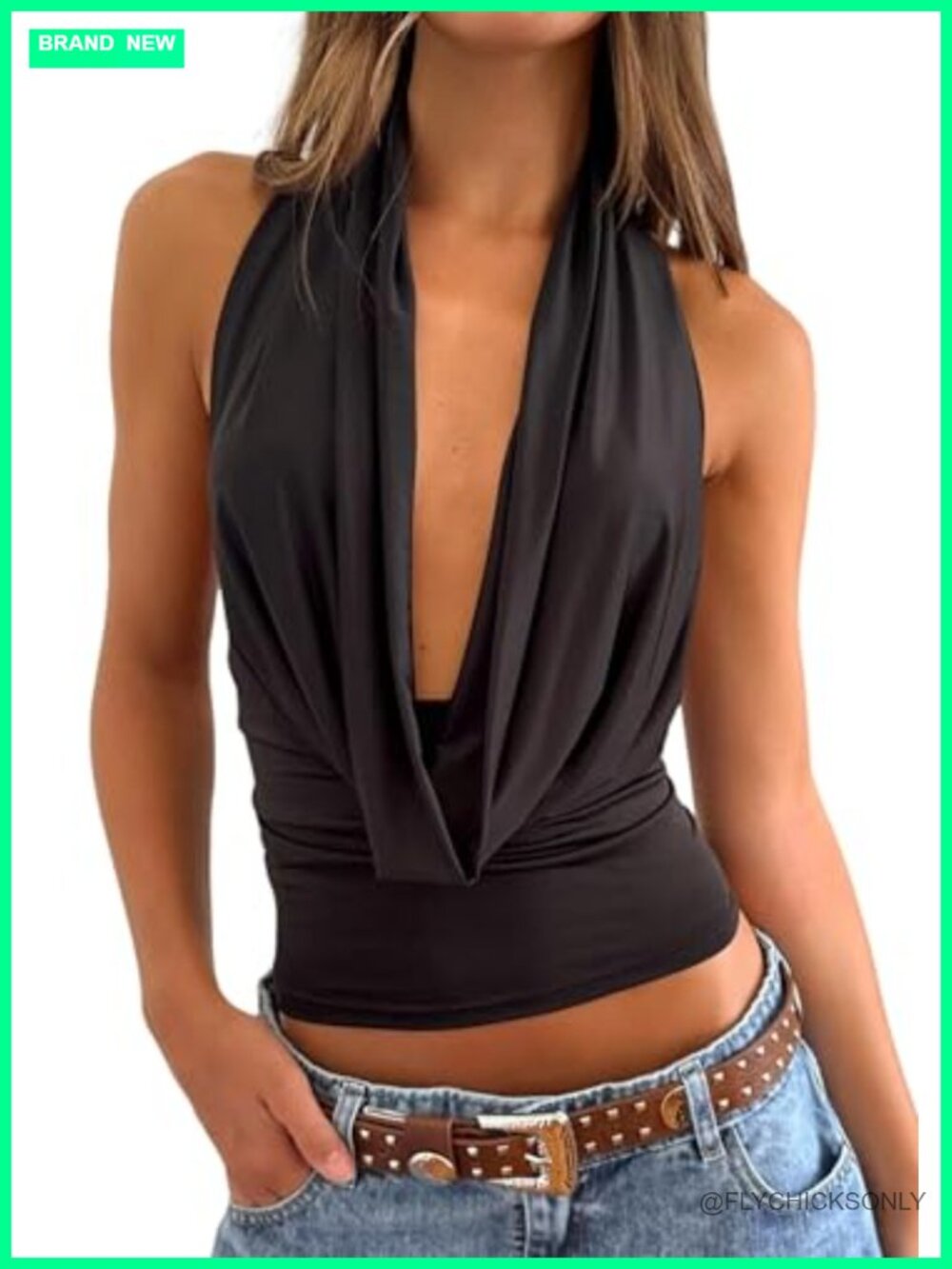 Women Cowl Neck Plunge Halter Tank Top Open Back Y2K Going Out Top